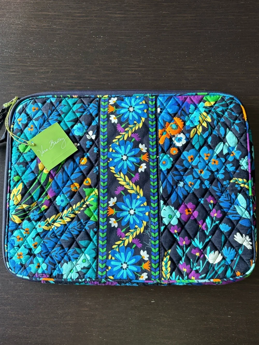 Vera Bradley Black Quilted Laptop Sleeve with Blue Floral Print
